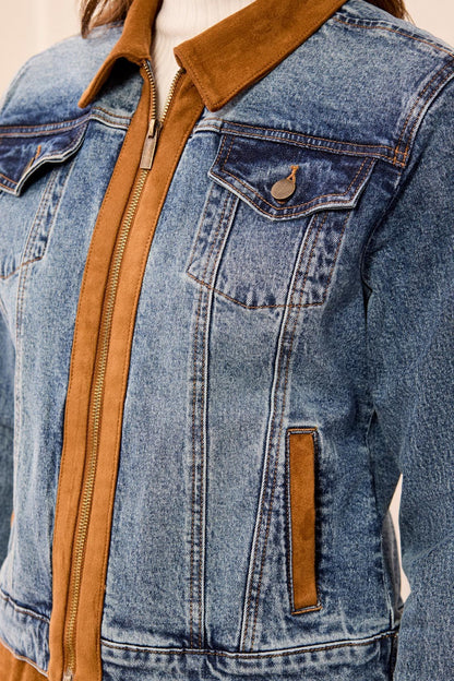 Mixed Media Zip Front Suede Trim Denim Jacket. Style TR6244O-5632