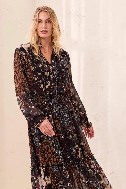 Mixed Print Flowy Ruffle Maxi Dress. Style TR6365O-5848