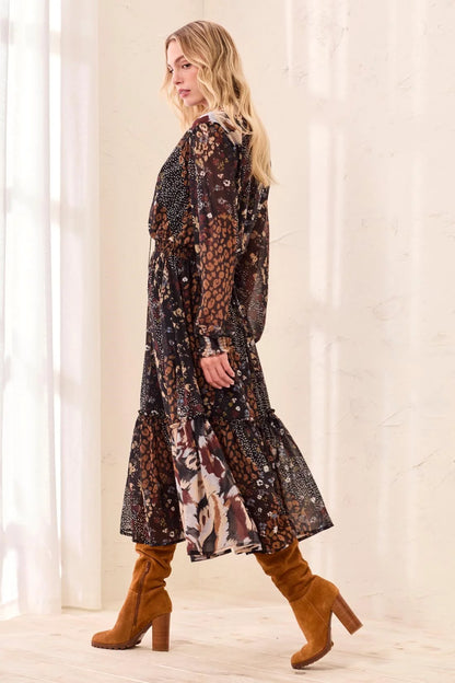 Mixed Print Flowy Ruffle Maxi Dress. Style TR6365O-5848