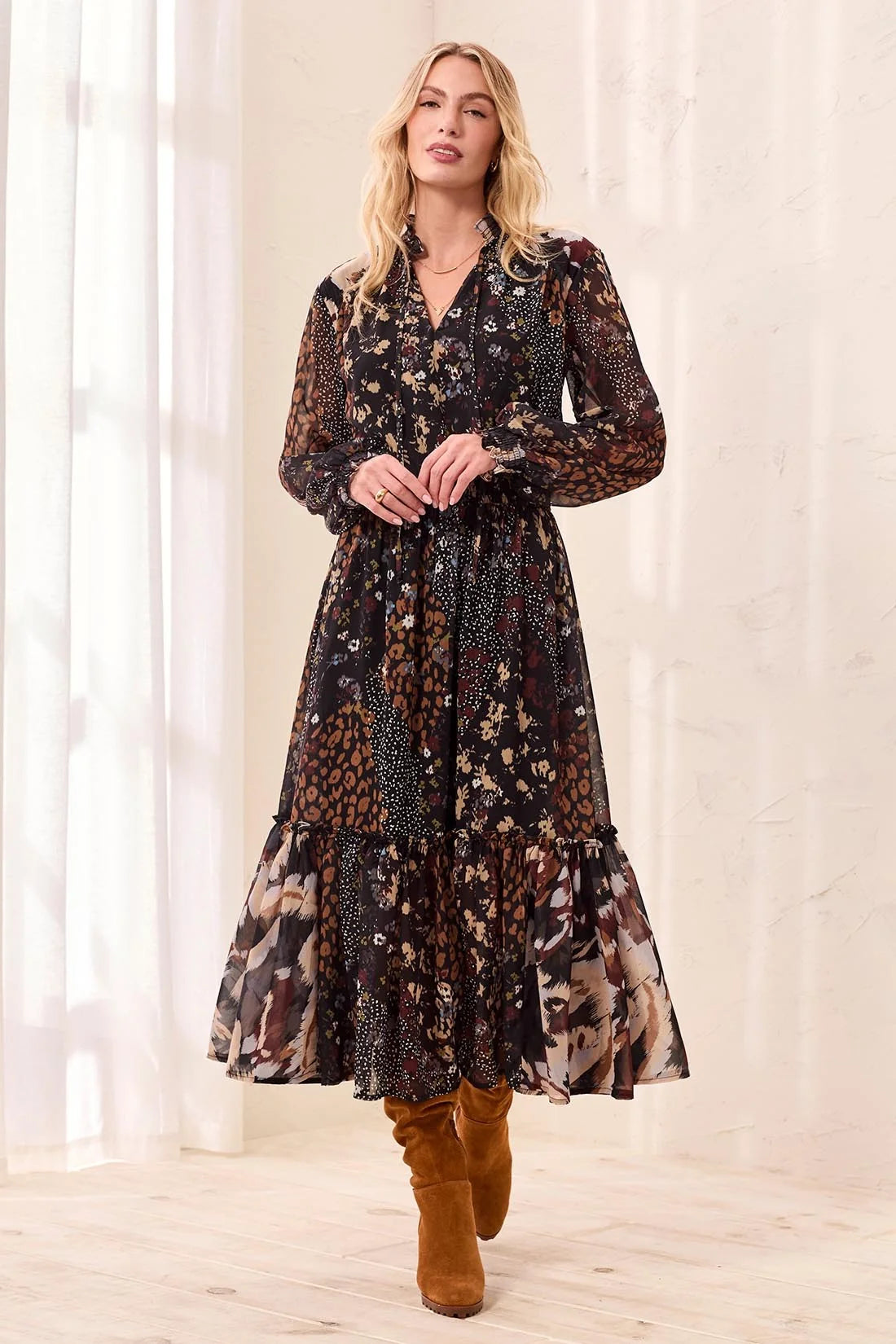 Mixed Print Flowy Ruffle Maxi Dress. Style TR6365O-5848