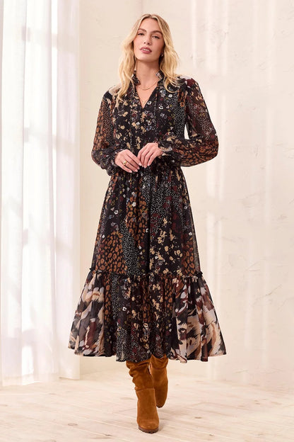 Mixed Print Flowy Ruffle Maxi Dress. Style TR6365O-5848