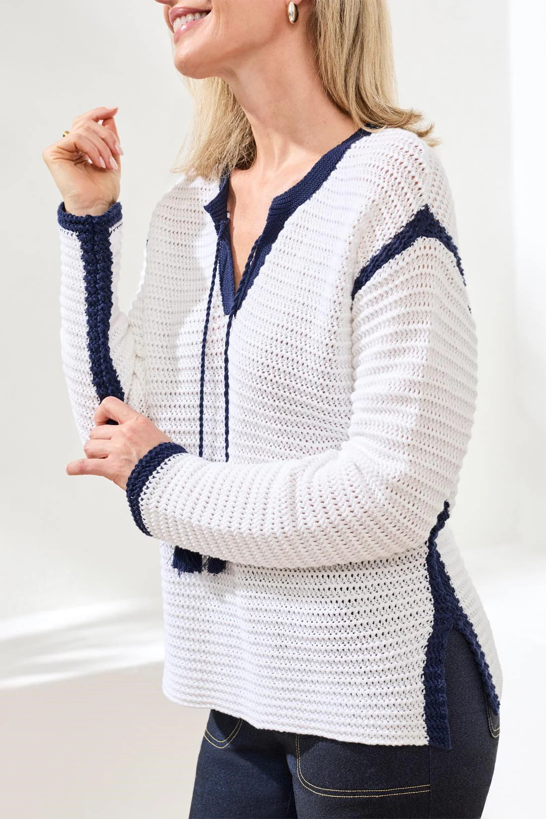 Notch Collar Tassel Tie Sweater. Style TR3033O-576