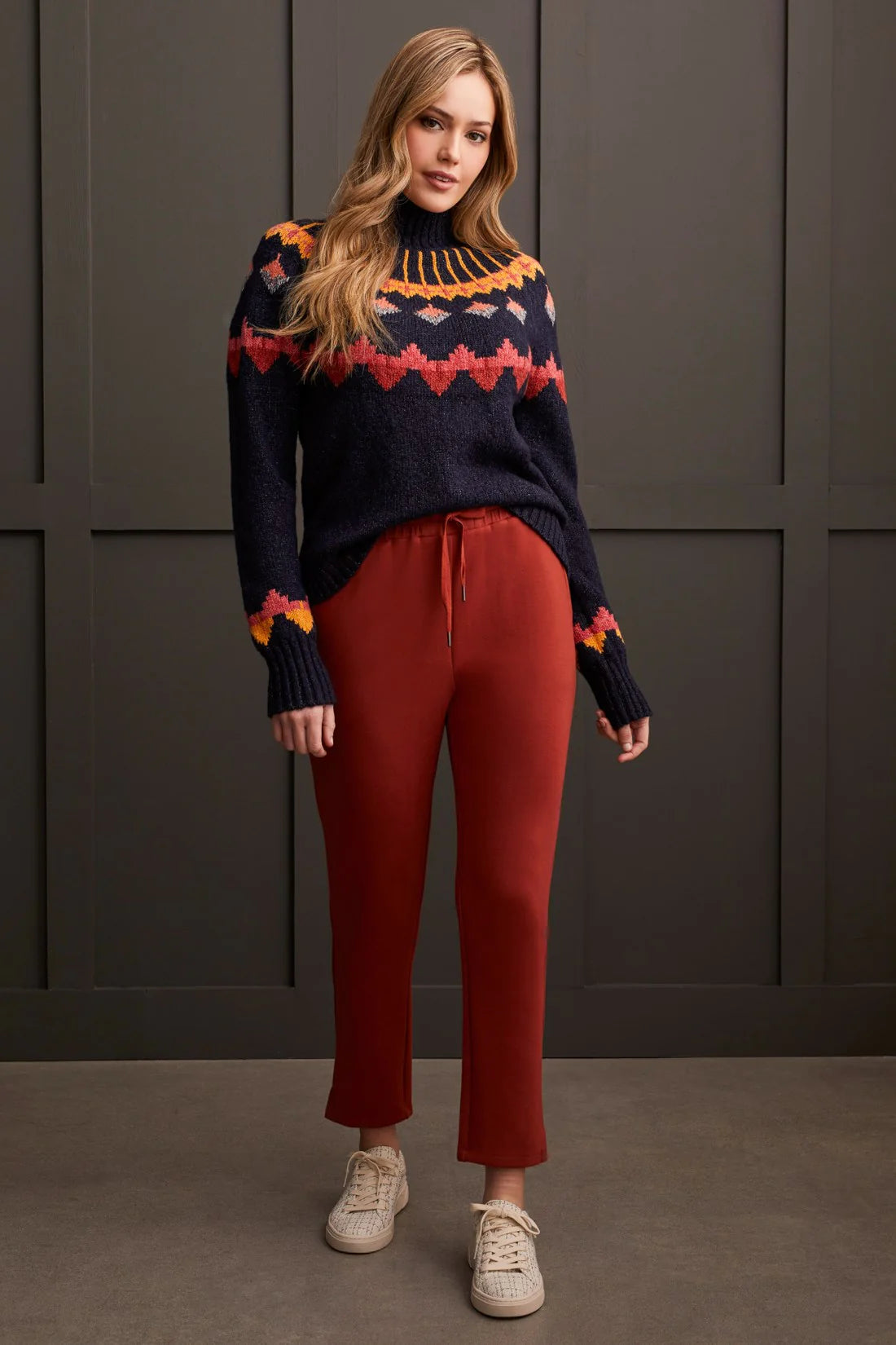 Geometric Intarsia Mock Neck Sweater. Style TR1880O-3808