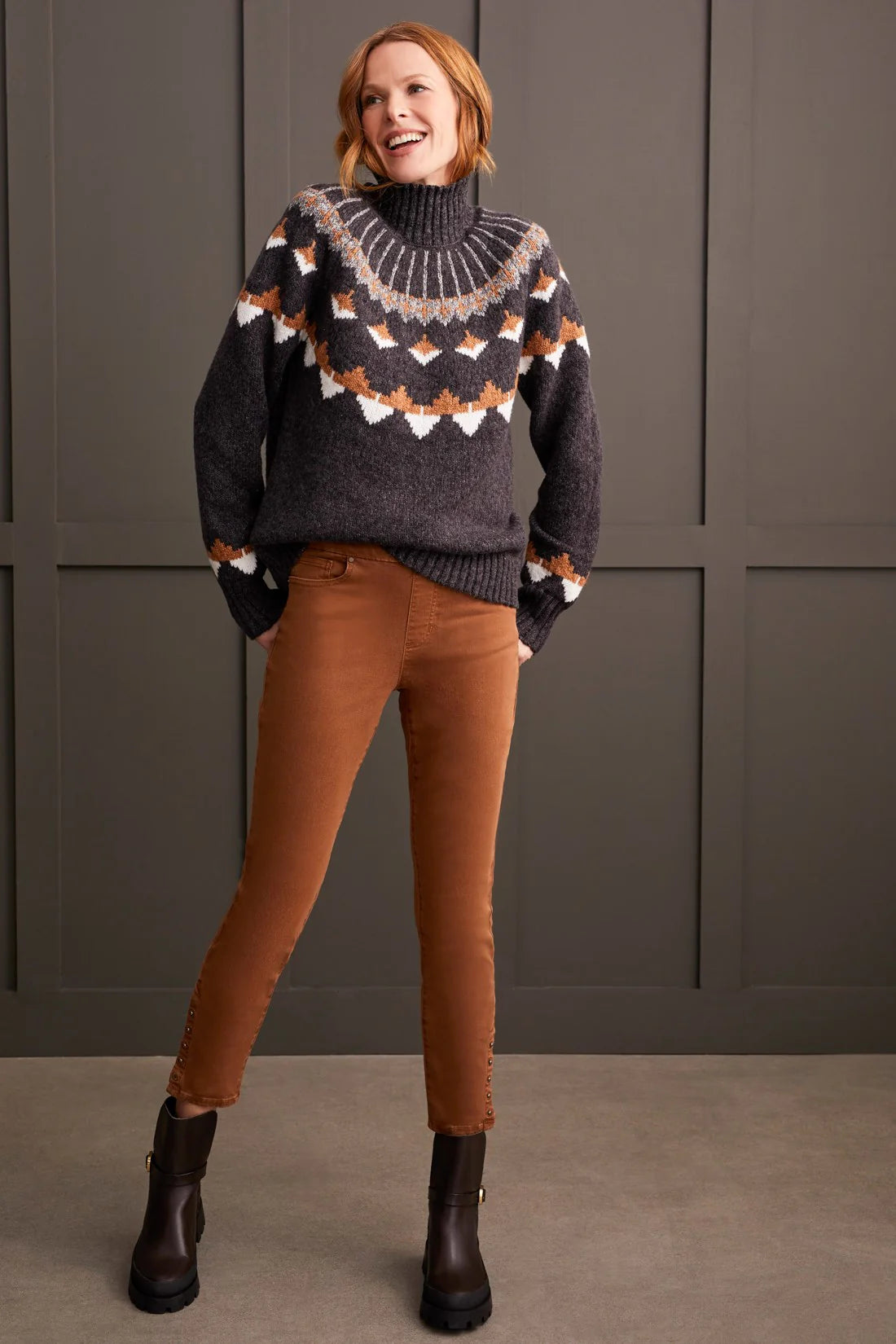 Geometric Intarsia Mock Neck Sweater. Style TR1880O-3808