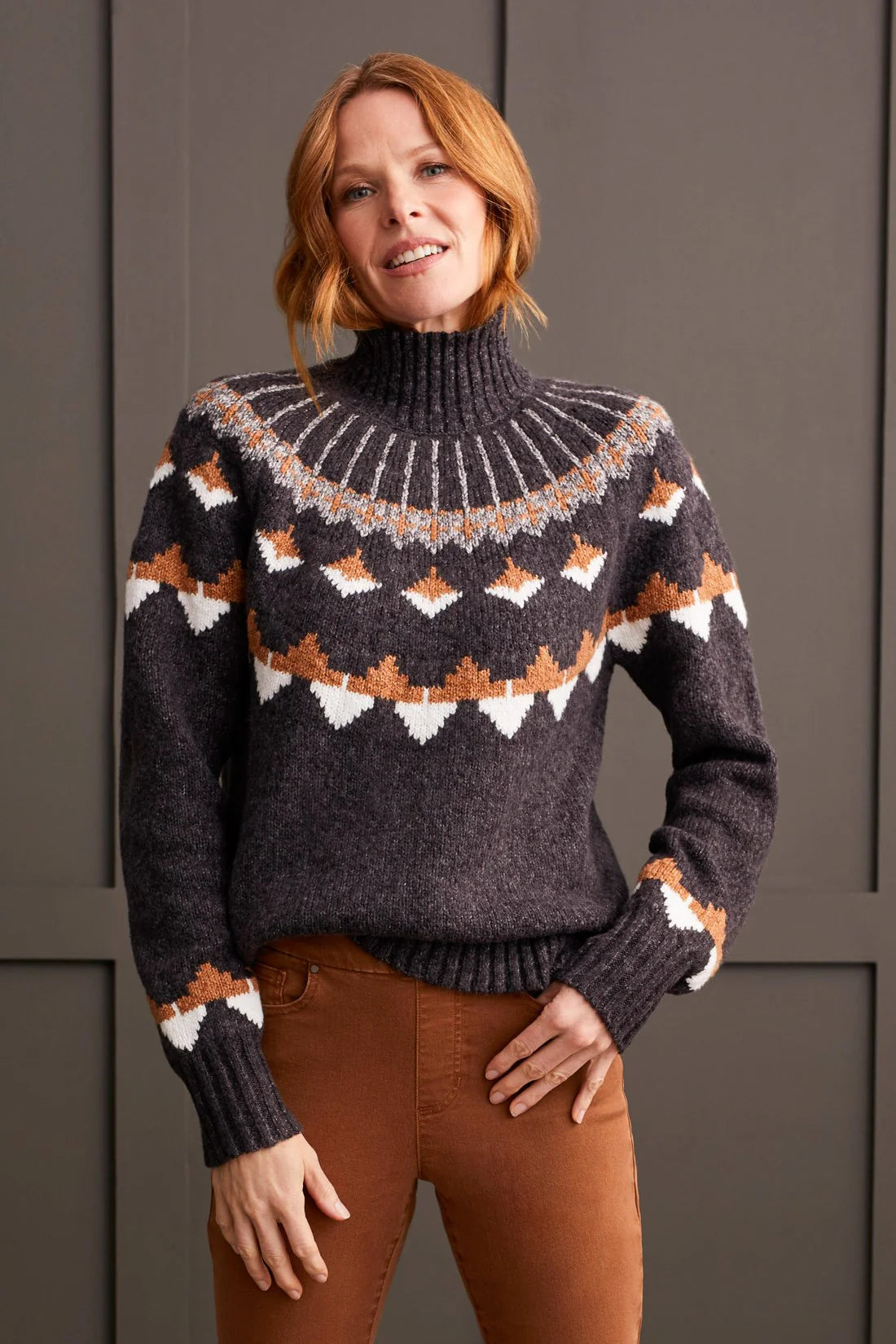 Geometric Intarsia Mock Neck Sweater. Style TR1880O-3808