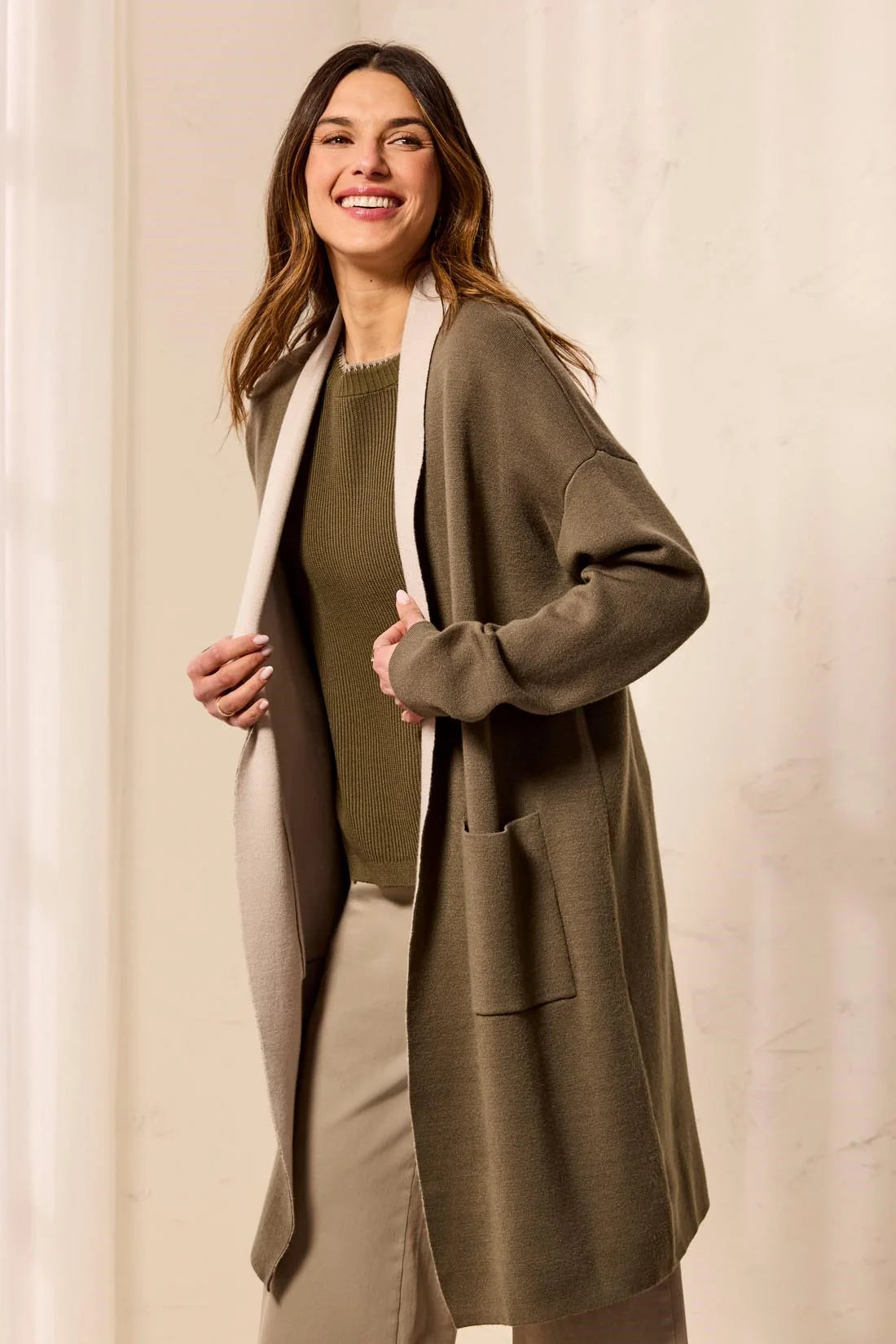 Open Front Patch Pockets Coatigan. Style TR1523O-3115