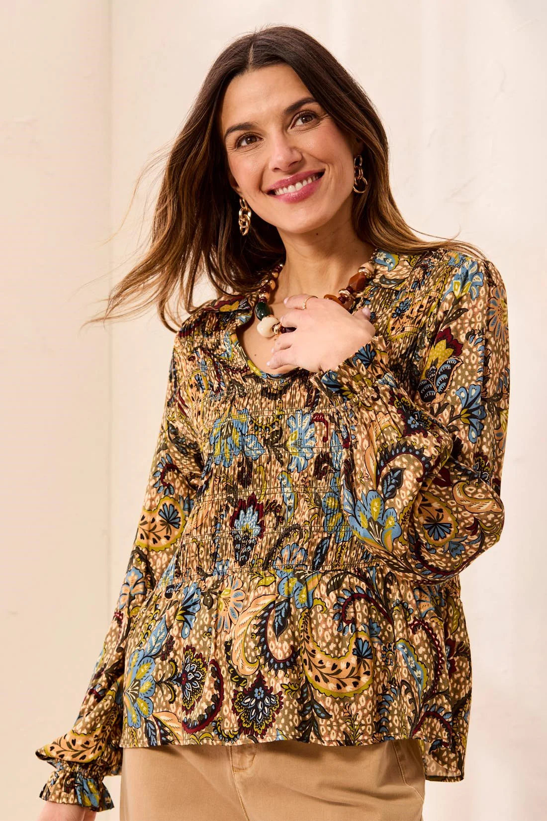 Paisley Smocked Ruffle Neck Flounce Blouse. Style TR3190O-1434
