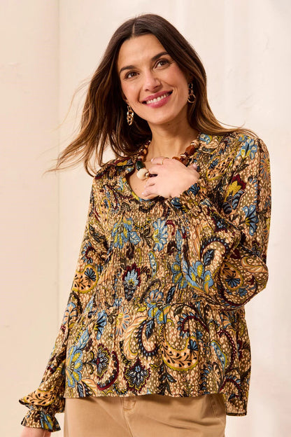 Paisley Smocked Ruffle Neck Flounce Blouse. Style TR3190O-1434