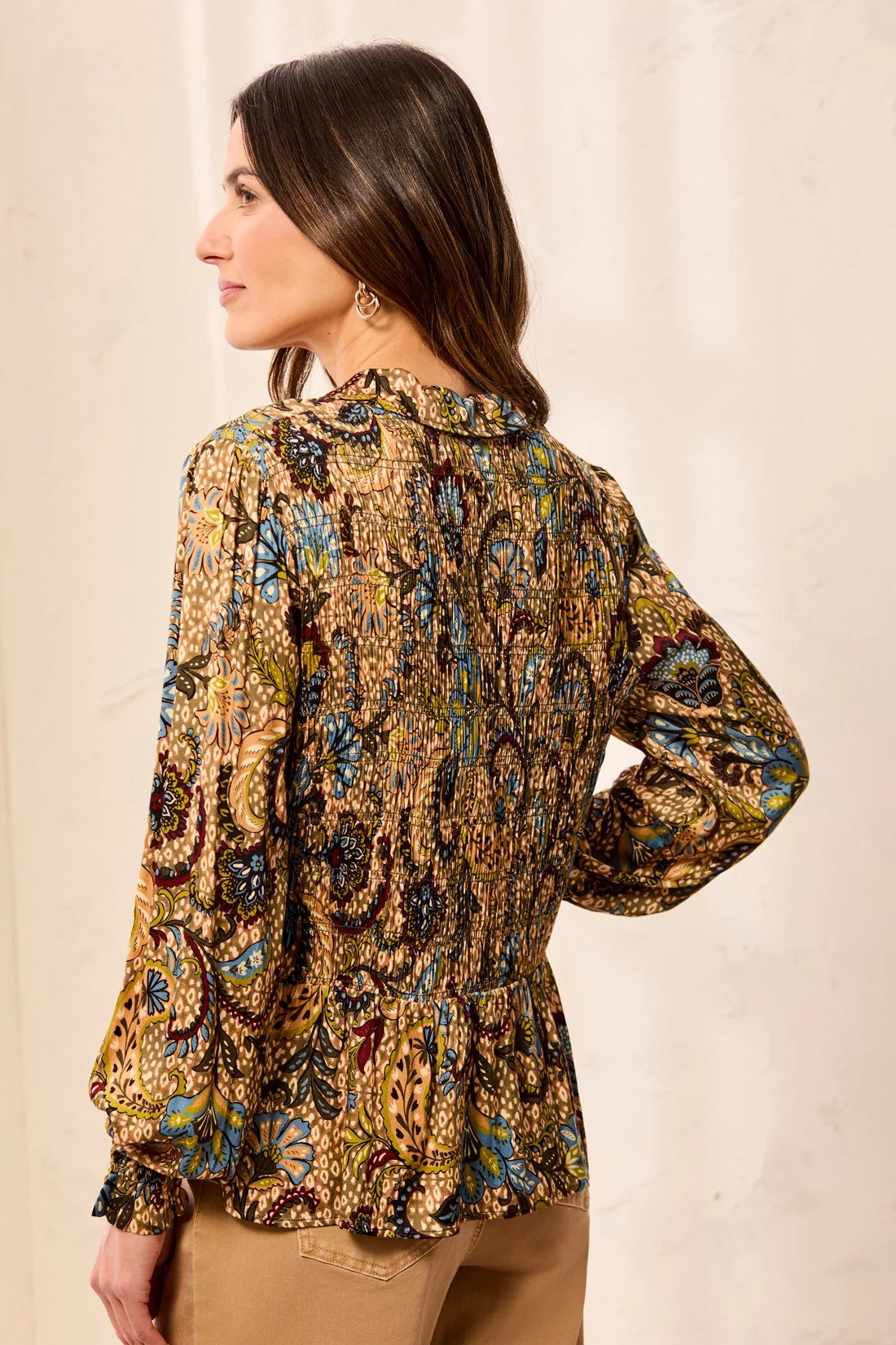 Paisley Smocked Ruffle Neck Flounce Blouse. Style TR3190O-1434