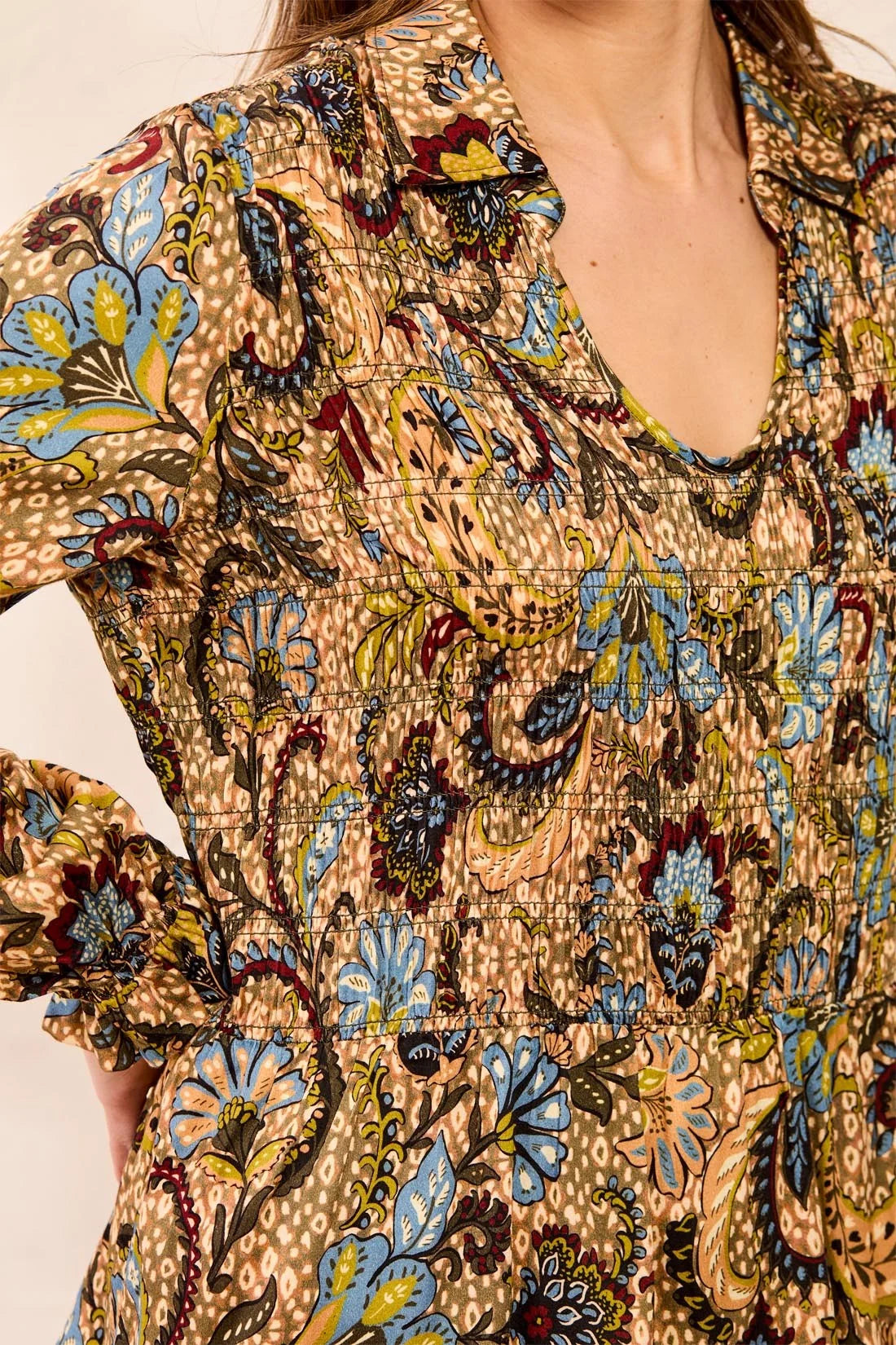 Paisley Smocked Ruffle Neck Flounce Blouse. Style TR3190O-1434