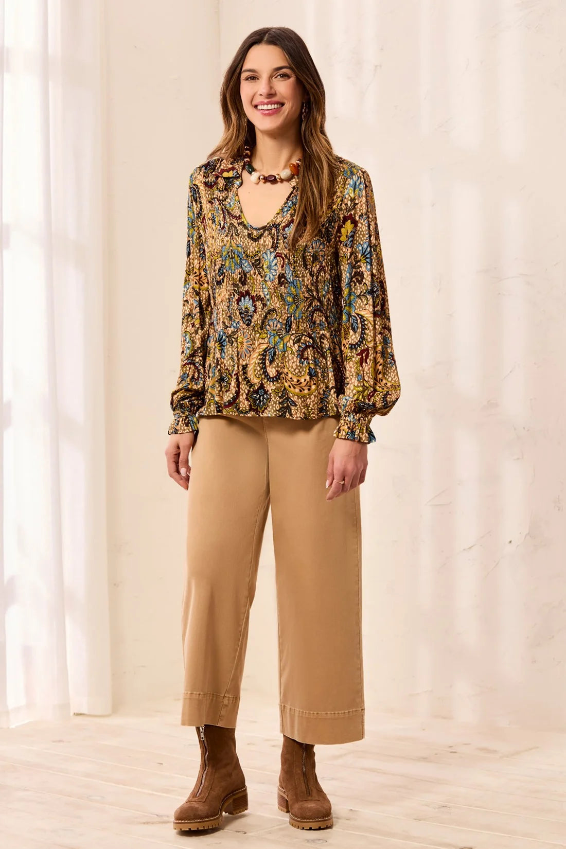 Paisley Smocked Ruffle Neck Flounce Blouse. Style TR3190O-1434