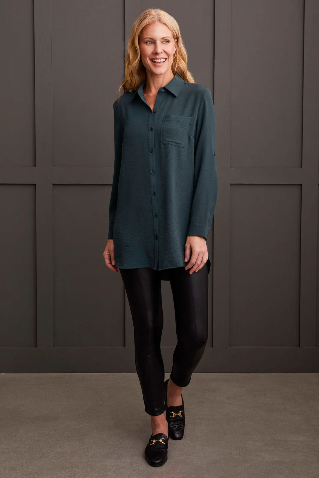 Pebbled Crepe Roll Sleeve Tunic. Style TR7878O-4835