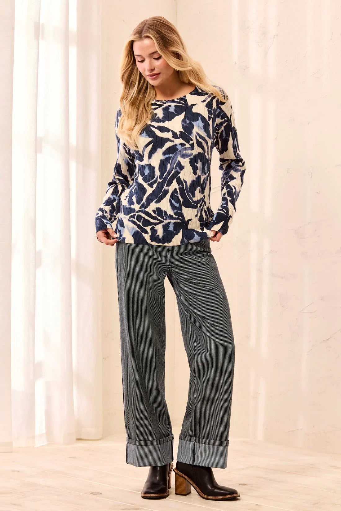 Printed Cable Cotton Crew Neck Sweater. Style TR2383O-576