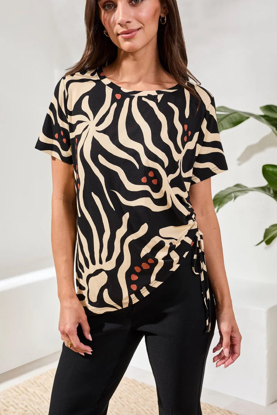 Abstract Print Side Tie & Ruching Short Sleeve Top. Style TR2498O-3457