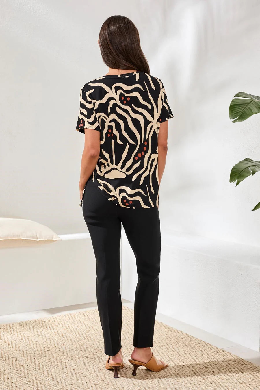 Abstract Print Side Tie & Ruching Short Sleeve Top. Style TR2498O-3457