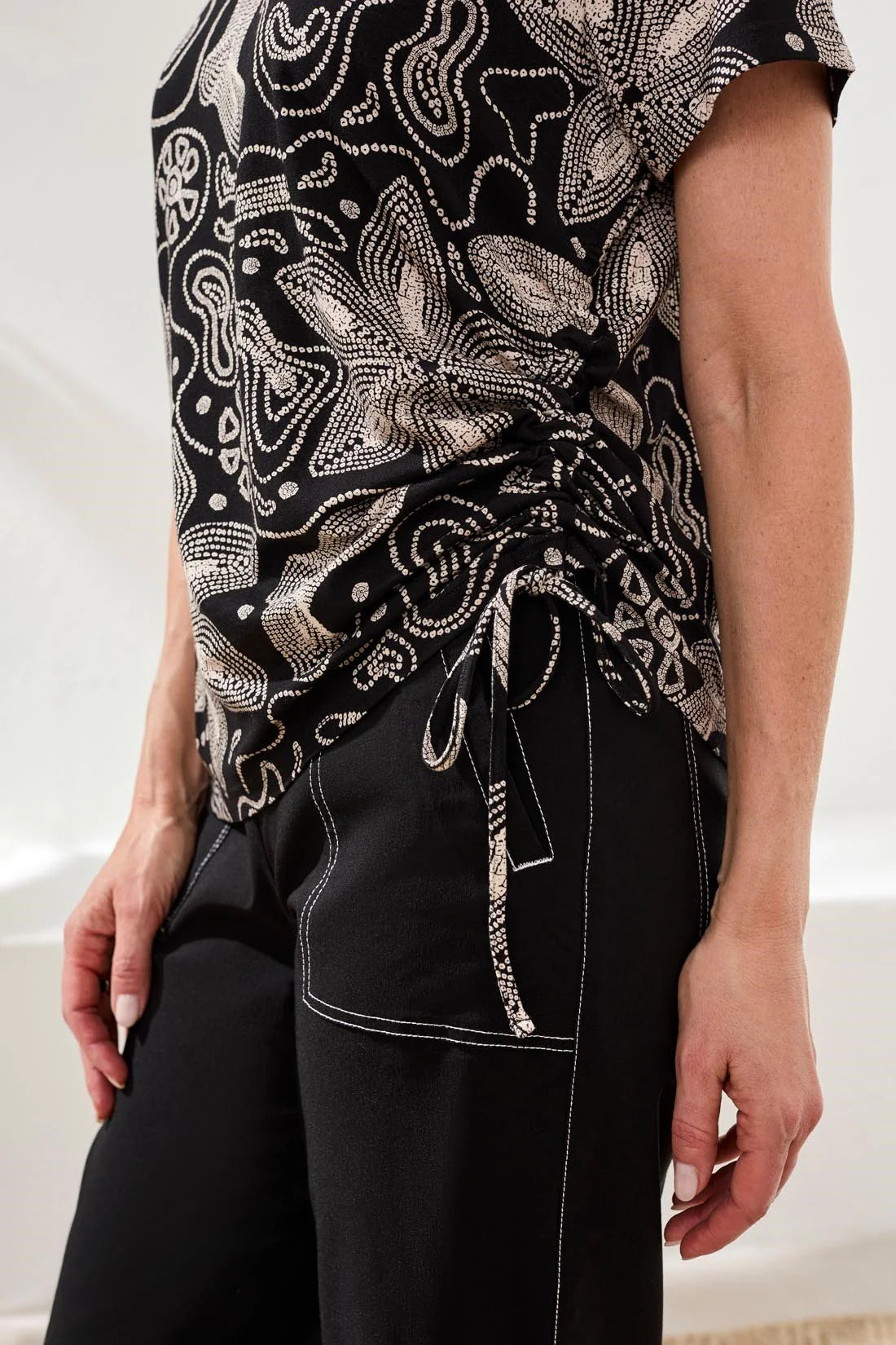 Abstract Print Side Tie & Ruching Short Sleeve Top. Style TR2498O-3457