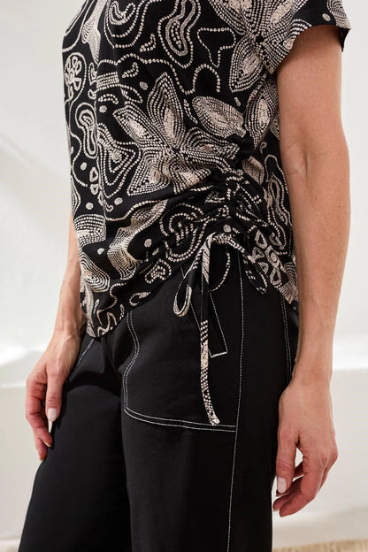 Abstract Print Side Tie & Ruching Short Sleeve Top. Style TR2498O-3457