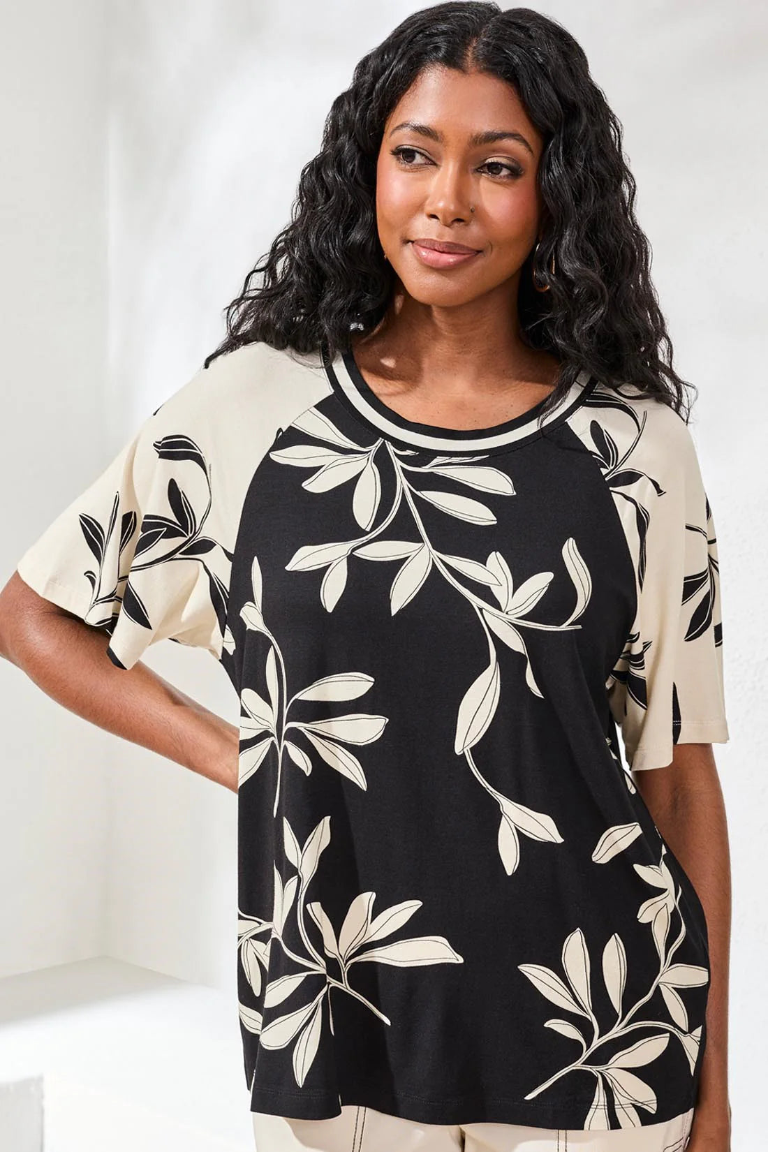 Short Flutter Sleeve Botanical Print Stretch Top. Style TR2480O-3457