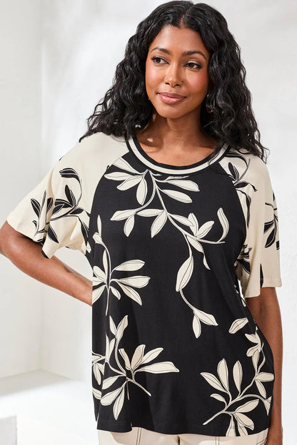 Short Flutter Sleeve Botanical Print Stretch Top. Style TR2480O-3457