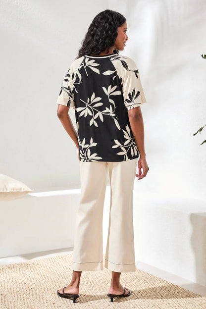 Short Flutter Sleeve Botanical Print Stretch Top. Style TR2480O-3457