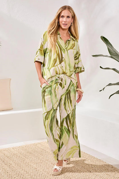 Tropical Print Linen Dolman Elbow Sleeve Blouse. Style TR3069O-8393