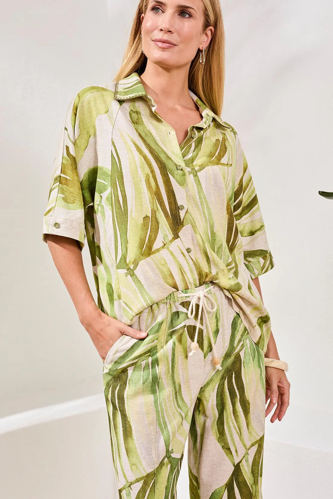 Tropical Print Linen Dolman Elbow Sleeve Blouse. Style TR3069O-8393