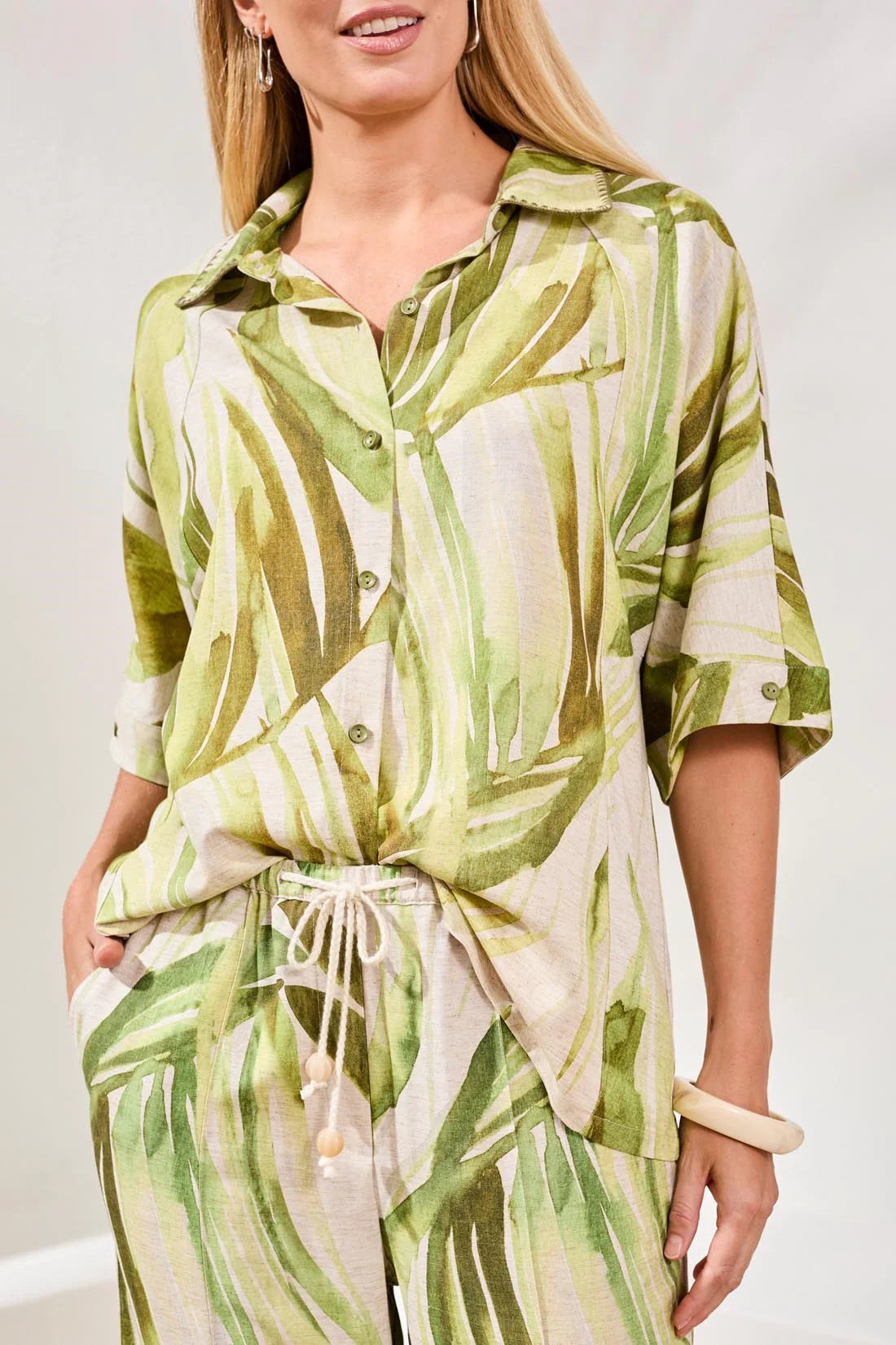 Tropical Print Linen Dolman Elbow Sleeve Blouse. Style TR3069O-8393