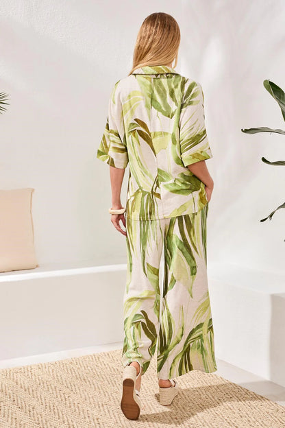 Tropical Print Linen Dolman Elbow Sleeve Blouse. Style TR3069O-8393
