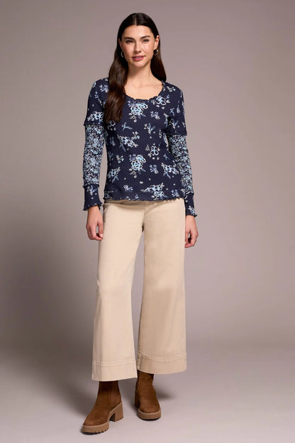 Printed Pointelle Scoop Neck Knit Top. Style TR2328O-8281