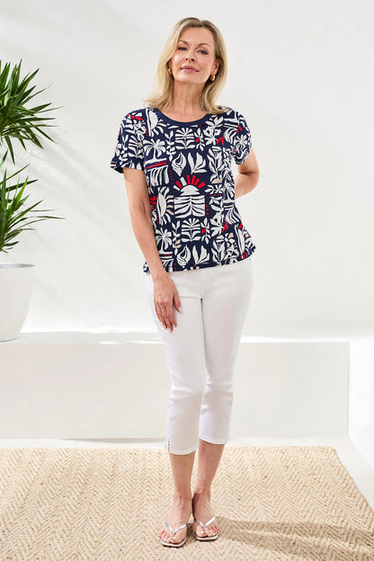 Printed Slub Knit Crew Neck Top. Style TR2431O-8419