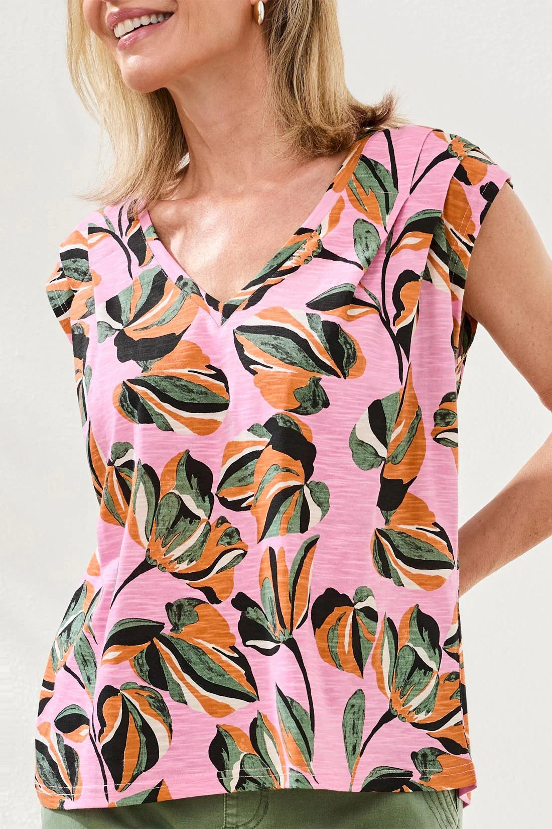 V-Neck Cap Sleeve Floral Print Top. Style TR2438O-3741