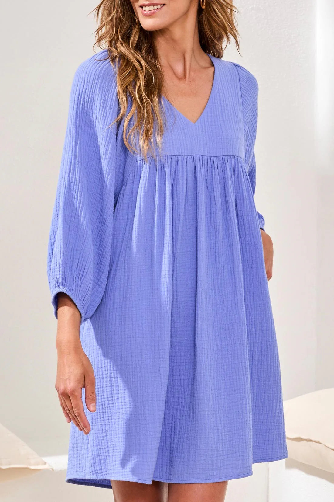 Crinkle Gauze V-Neck Empire Waist Balloon Sleeve Dress. Style TR6055O-4555