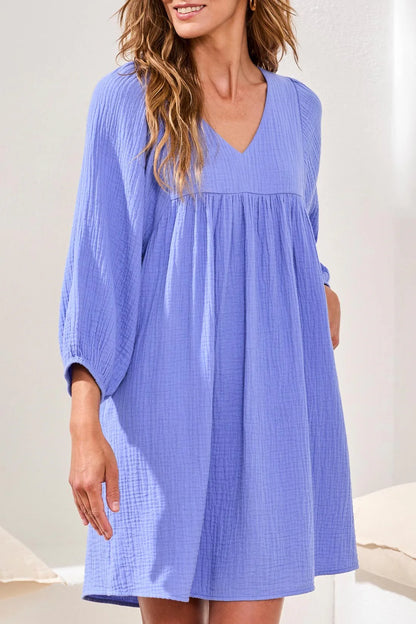 Crinkle Gauze V-Neck Empire Waist Balloon Sleeve Dress. Style TR6055O-4555