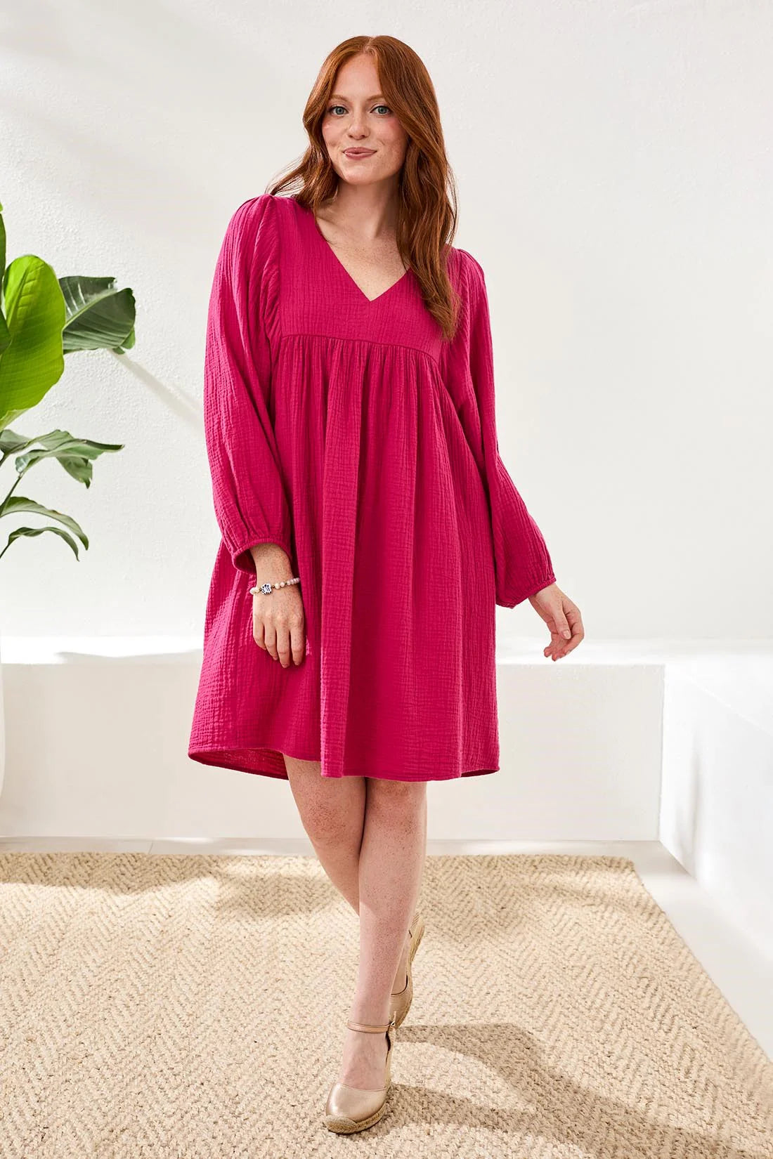 Crinkle Gauze V-Neck Empire Waist Balloon Sleeve Dress. Style TR6055O-4555