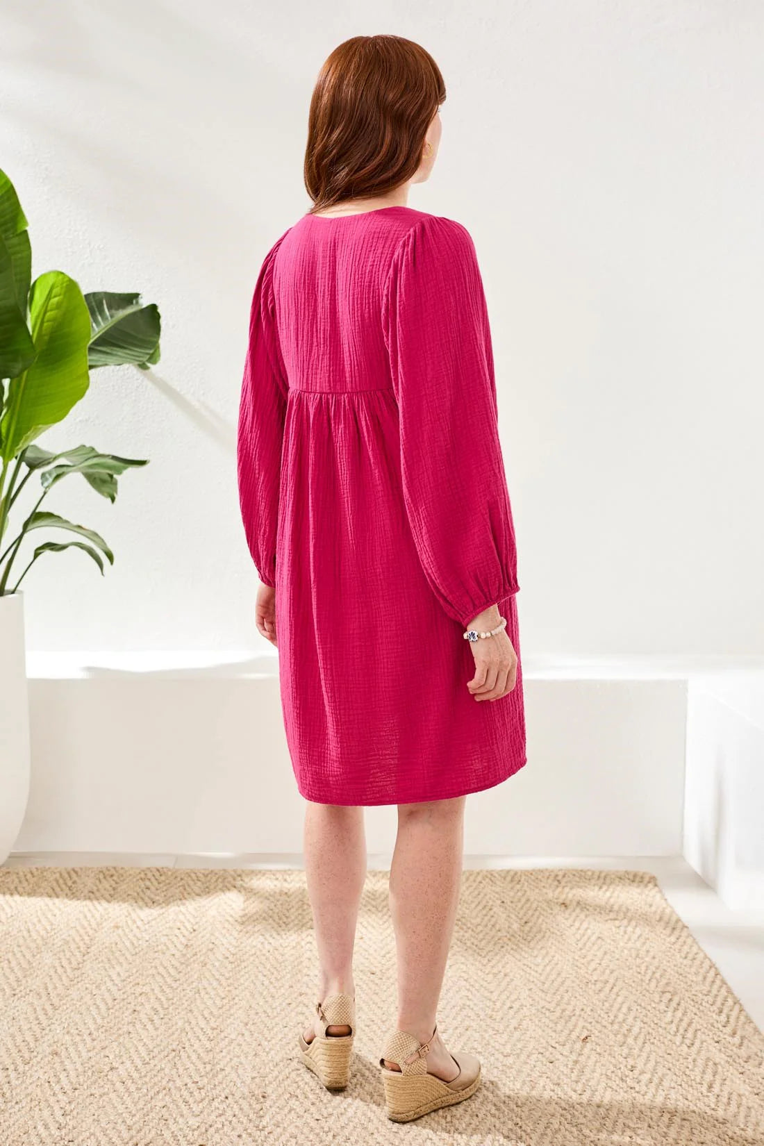 Crinkle Gauze V-Neck Empire Waist Balloon Sleeve Dress. Style TR6055O-4555