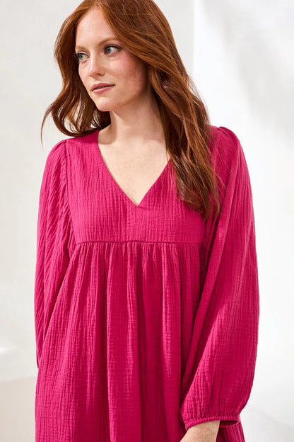 Crinkle Gauze V-Neck Empire Waist Balloon Sleeve Dress. Style TR6055O-4555