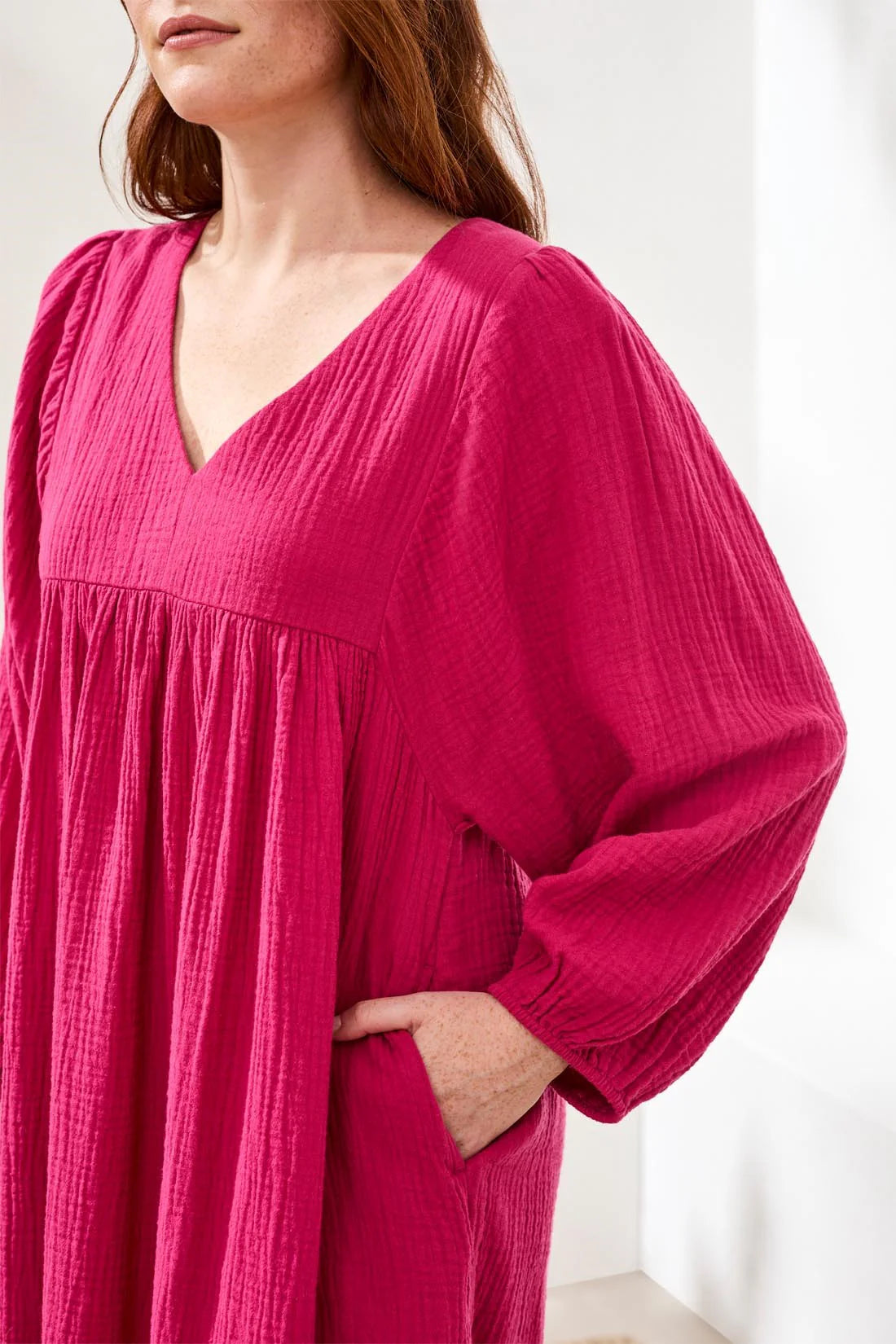 Crinkle Gauze V-Neck Empire Waist Balloon Sleeve Dress. Style TR6055O-4555
