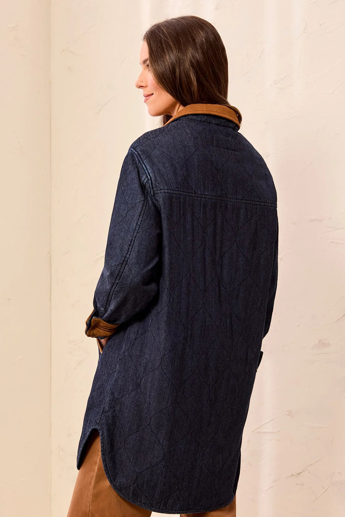 Quilted Denim Suede Trim Button-Front Jacket. Style TR6237O-5584