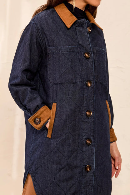 Quilted Denim Suede Trim Button-Front Jacket. Style TR6237O-5584