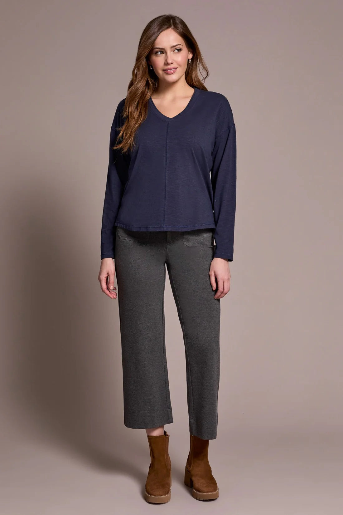 Slub Knit Flatlock V-Neck Top. Style TR2282O-8285