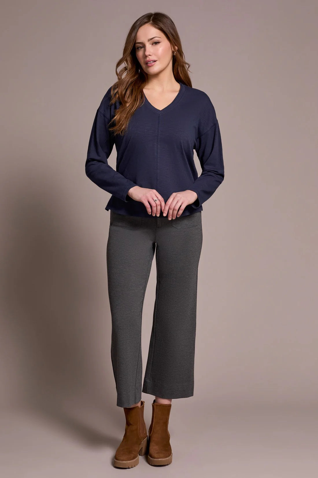 Slub Knit Flatlock V-Neck Top. Style TR2282O-8285