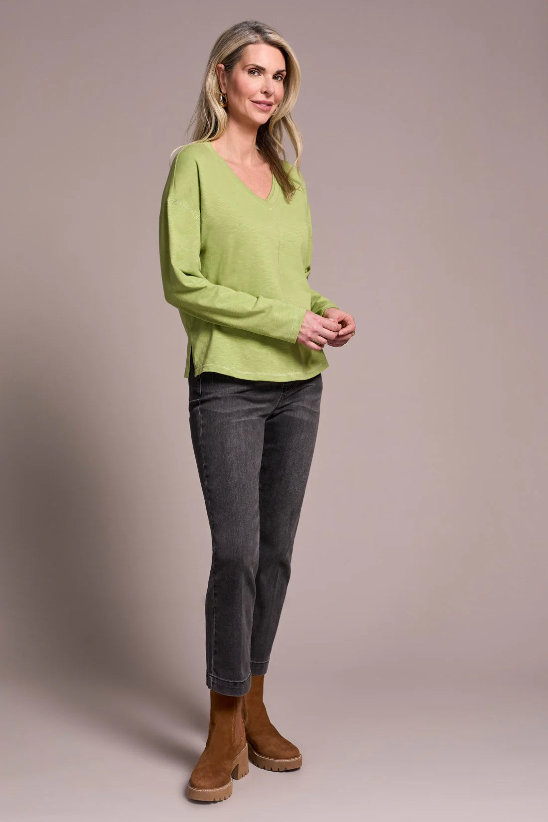 Slub Knit Flatlock V-Neck Top. Style TR2282O-8285