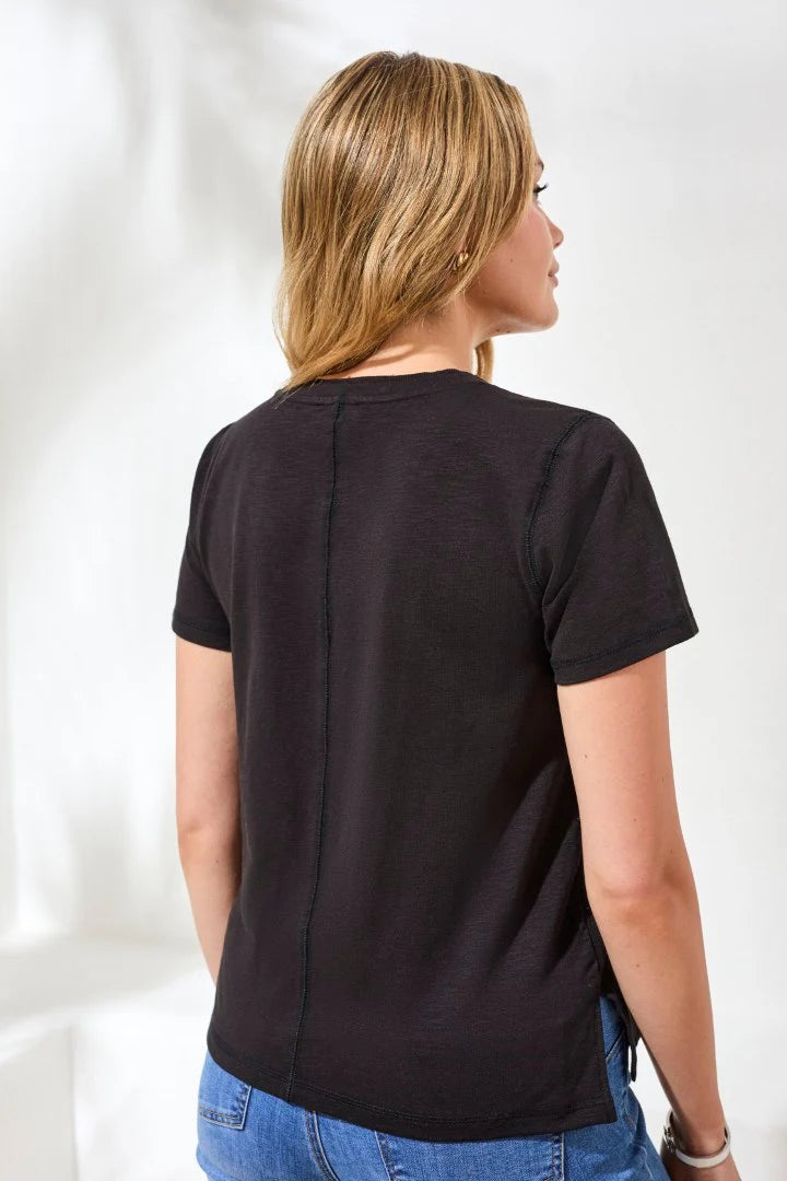 Slub Knit V-Neck Double Trim Center Seam Detail Top. Style TR3052O-8285
