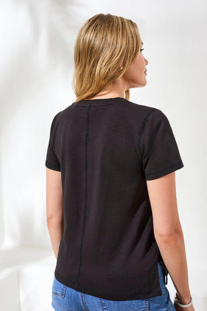 Slub Knit V-Neck Double Trim Center Seam Detail Top. Style TR3052O-8285