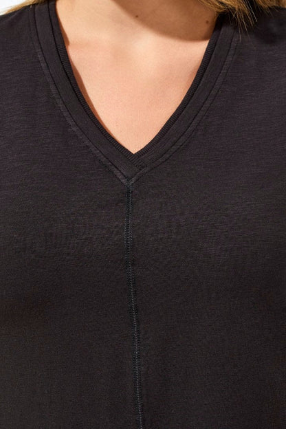 Slub Knit V-Neck Double Trim Center Seam Detail Top. Style TR3052O-8285