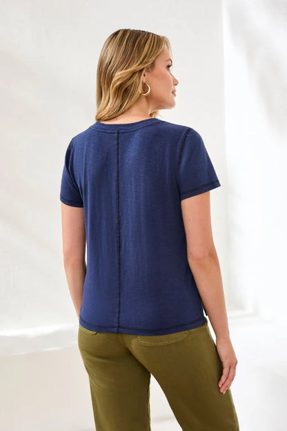Slub Knit V-Neck Double Trim Center Seam Detail Top. Style TR3052O-8285