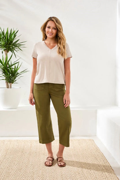 Slub Knit V-Neck Double Trim Center Seam Detail Top. Style TR3052O-8285