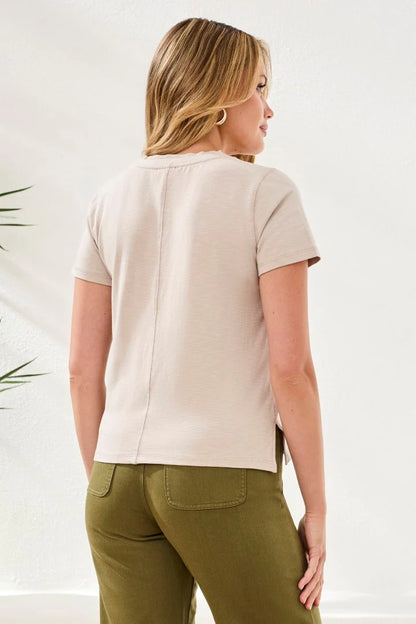 Slub Knit V-Neck Double Trim Center Seam Detail Top. Style TR3052O-8285