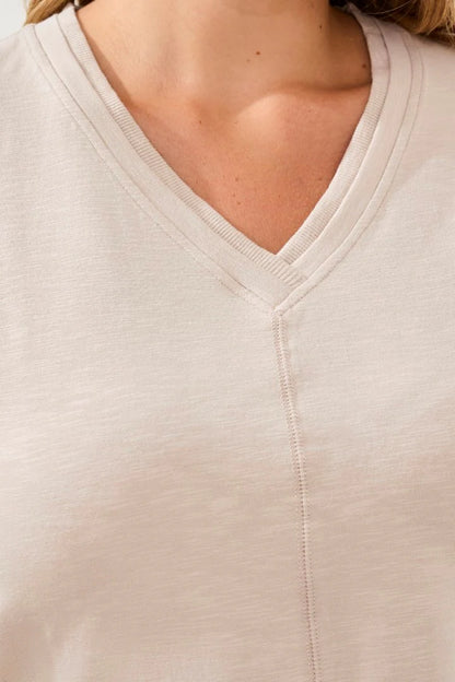 Slub Knit V-Neck Double Trim Center Seam Detail Top. Style TR3052O-8285
