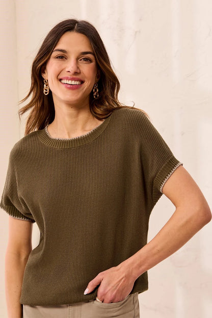 Soft Cotton Blend Cap Sleeve Topstitch Detail Top. Style TR3203O-8286